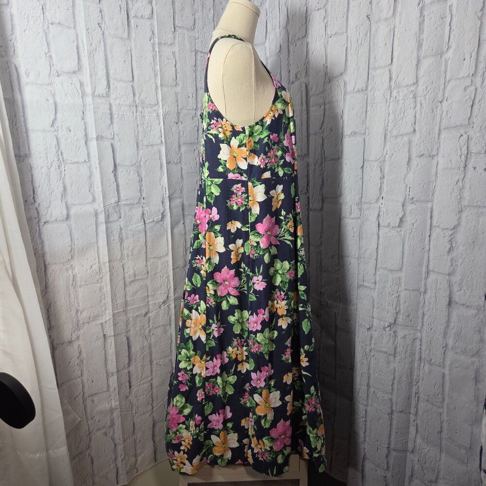 Old Navy Extra Large Navy Blue Floral Linen Blend Smocked Cottagecore Midi Dress - Picture 4 of 10